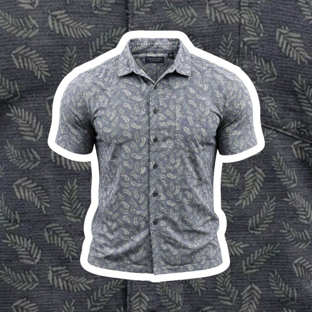 Roundtree & Yorke Shirt Mens XL Blue Tropical Leaf Short Sleeve Button Up Casual